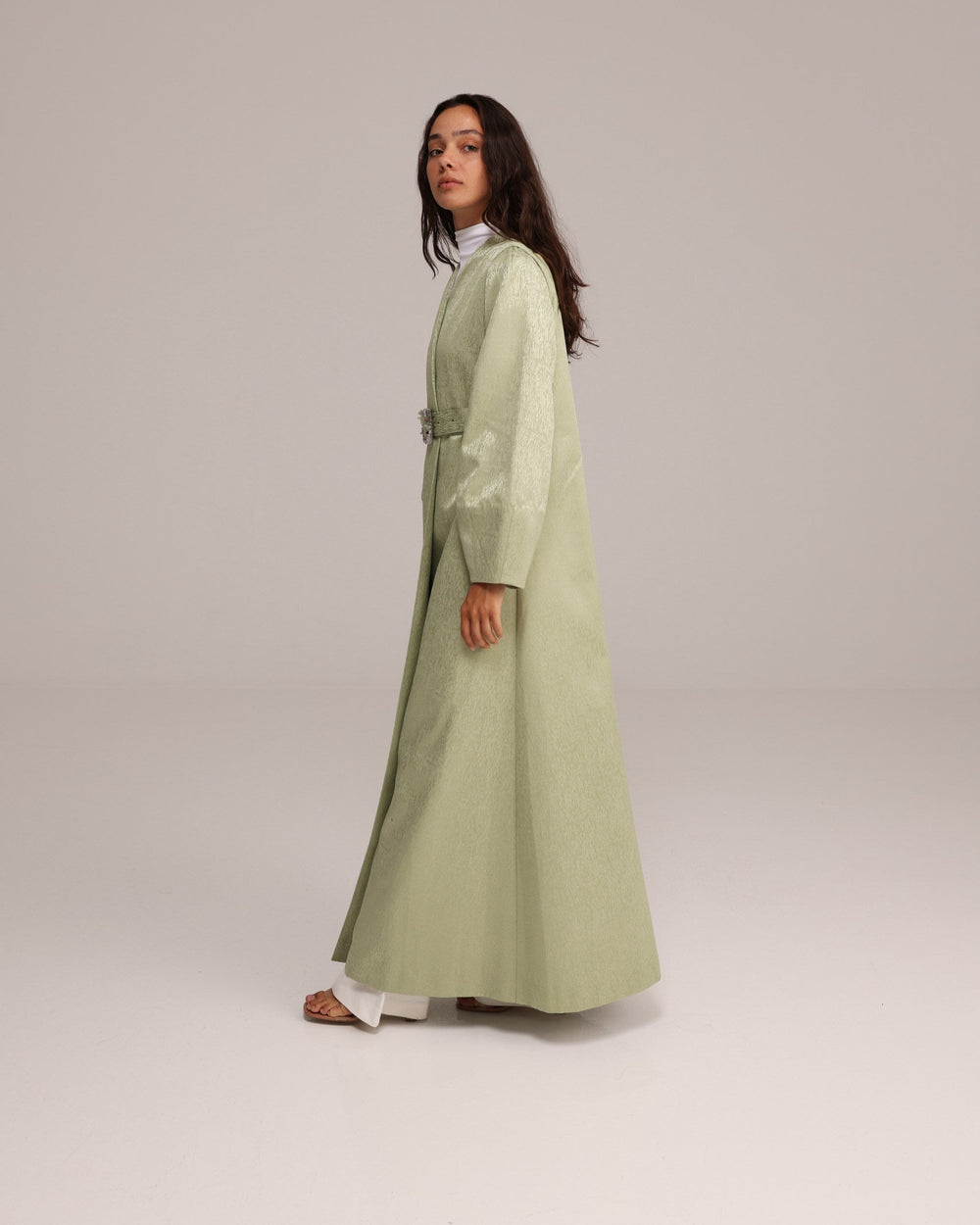 Woman wearing a long light green dress on a plain background